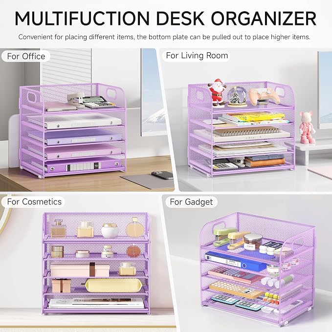 Lavatino Desk Letter Tray Paper Organizer, 5-Tier with Handle Metal Mesh Desktop File Organizer Paper Holder for Classroom Office Desk Accessories- Purple - Image 5