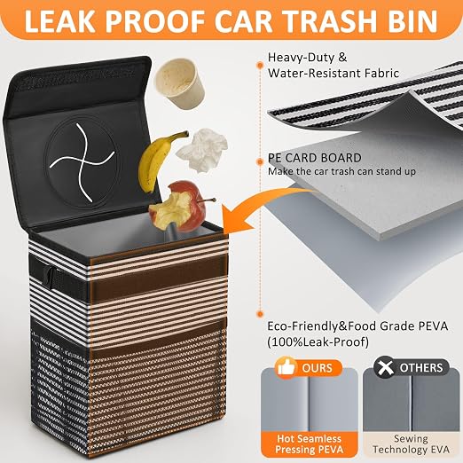 Vankor Car Trash Can for Car Cute, Bag Bin Hanging Waterproof Automotive Garbage Cans Leak Proof Vehicle Trash Can Stripe - Image 3
