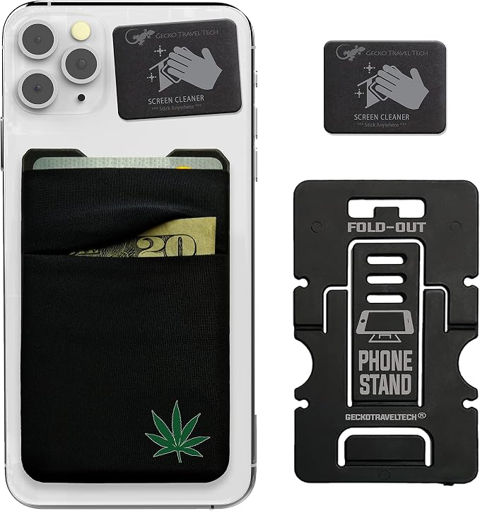 Gecko Travel Tech Double Pocket - Adhesive Card Holder - Cell Phone Pouch - Stick on Spandex Pocket - Carry Credit Cards and Cash (Weed) by GeckoTravelTech