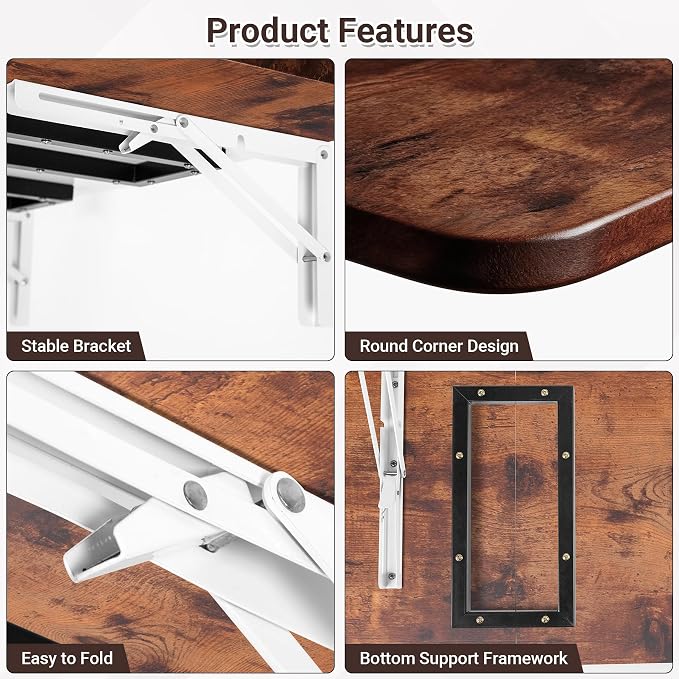 Neoaider Wall Mounted Folding Desk 35.4” x 15.7”, Brown | Drop Down Table with Metal Collapsible Brackets, Folding Wall Table for Small Spaces, Home, Office, Kitchen, Laundry Room - Image 5