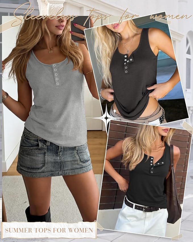 Ficerd 3 Pack Women's Henley Tank Tops Sleeveless Button Down Summer Shirts 2026 Casual Trendy Loose U Neck Tee Blouses - Image 2