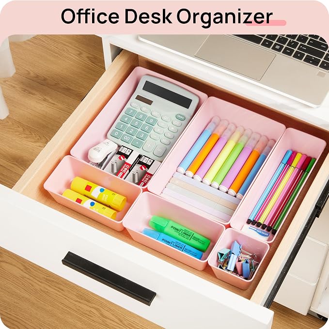 Vtopmart 44 PCS Plastic Drawer Organizers Set, Vanity Organizer Trays, Pink | 4-Size Versatile Makeup Organizer, Non-Slip Storage Containers for Makeup, Jewelries, Bedroom，Kitchen Utensils and Office - Image 6