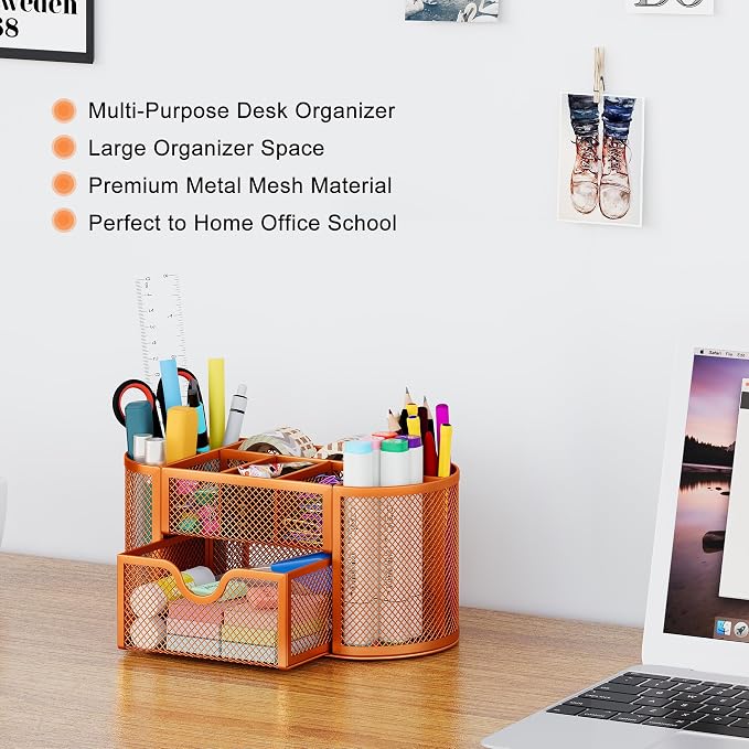 EasyPAG Mesh Pen Holder Desk Organizer with Drawer Stationery Supplies Organizer for Dorm School 9 Compartments Workspace Desk Accessories Organization for Office, Orange - Image 3