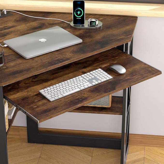 VECELO Corner Desk, Triangle Computer Desk for Small Space with Charging Station and Keyboard Tray, Corner Makeup Table with Storage Shelves for Home Office Bedroom, 41x30, Vintage Brown - Image 5