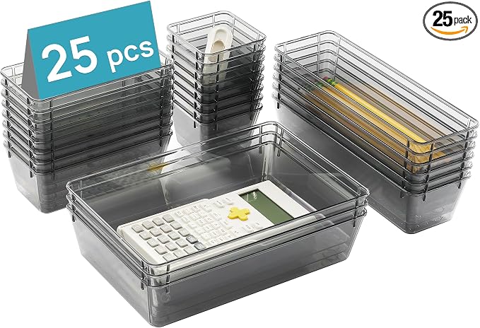 Vtopmart 25 Pack Plastic Drawer Organizers with Non-slip Rubber Pads | 4-Size Versatile Makeup Organizer, Storage Containers Small Bins for Makeup, Jewelries, Bedroom, Kitchen Utensils and Office by Vtopmart