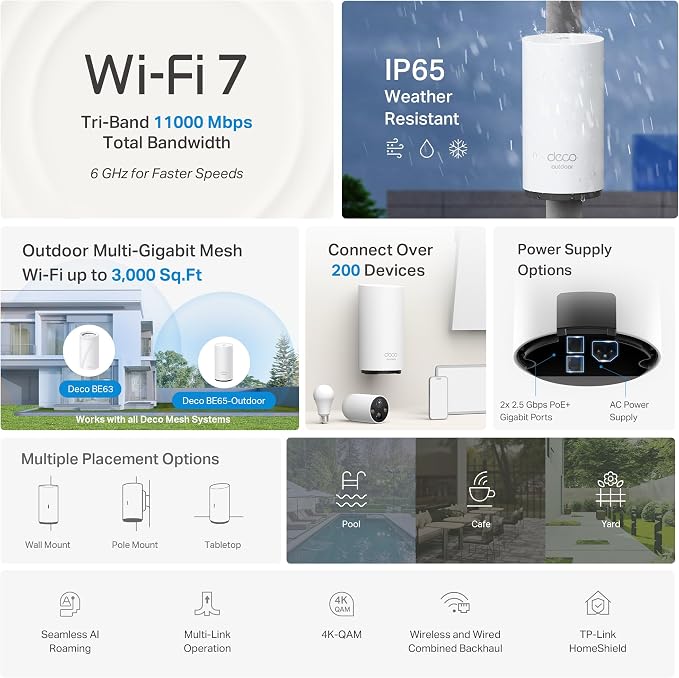 TP-Link Deco 7 Outdoor BE65 BE11000 Tri-Band Wi-Fi 7 Mesh Extender | Up to 3,000 sq.ft, 2 * 2.5G PoE+ Ports, IP65 Waterproof | Multiple Mount Options | 6 GHz, MLO, Homeshield, 320 MHz, AI-Roaming - Image 3