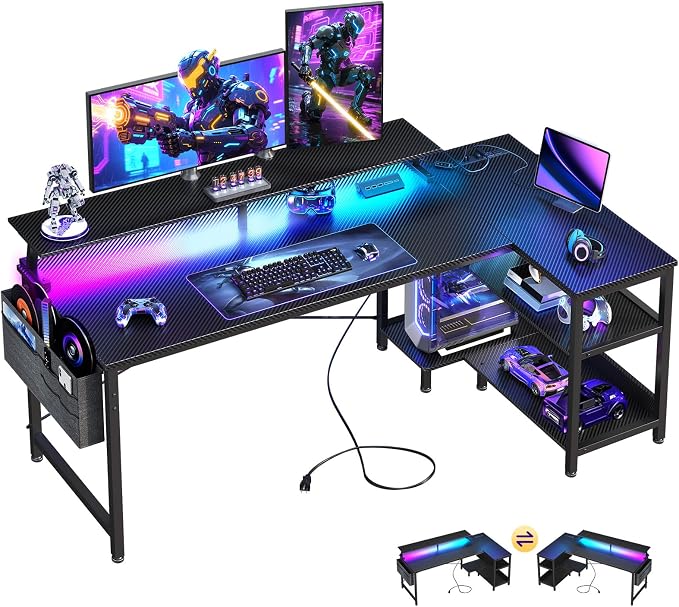 ODK 58 Inch L Shaped Gaming Desk with LED Lights, Power Outlets, Black | Adjustable Monitor Stand, Open Storage Shelves, Hanging Side Bag, PC Tower Stand, Reversible Layout for Gaming by ODK