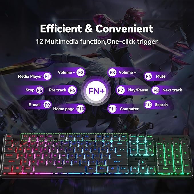 Redragon S107KS Wireless Gaming Keyboard and Mouse, RGB Backlit, 3 Mode (Wired/2.4G/BT), Up to 10,000 DPI Gaming Mouse with Software, Ultra Lightweight 65g, 25 Key Anti-Ghosting Keyboard for PC - Image 7