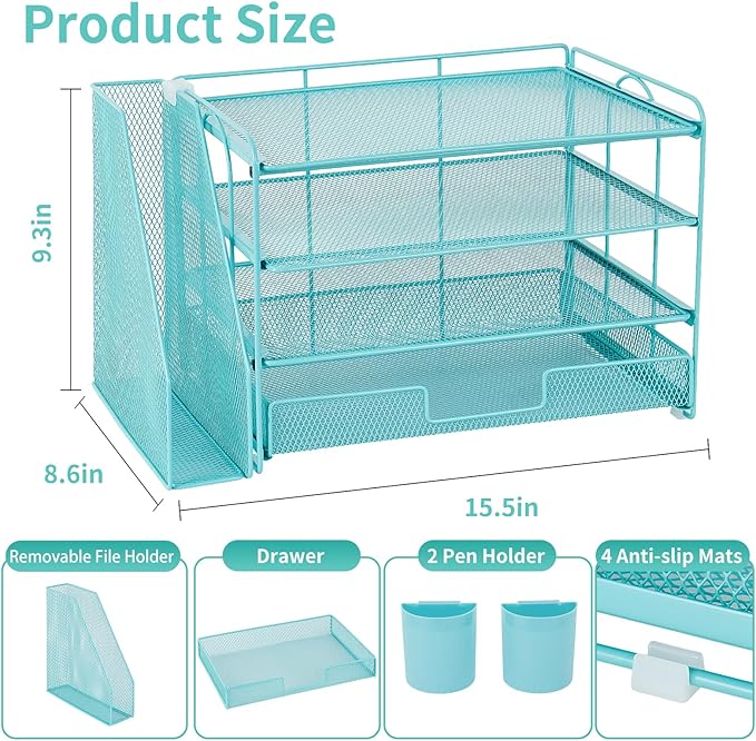 OPNICE Desk Organizer, 4-Tier Desktop File Organizer with Drawer and Pen Holders, Office Desk Accessories, File Sorters, Workspace Organizers for Office Supplies(Teal Blue) - Image 3