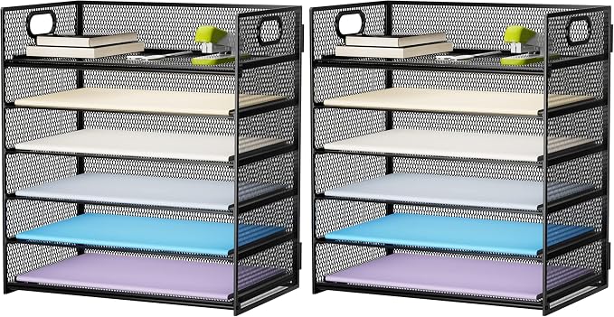 Marbrasse 6 Tier Paper Organizer Letter Tray - Mesh Desk File-Organizer with Handle, Paper Sorter Organizer for Letter/A4 Office File Folder Holder - Black (Pack of 2) by Marbrasse