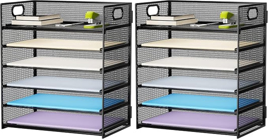 Marbrasse 6 Tier Paper Organizer Letter Tray - Mesh Desk File-Organizer with Handle, Paper Sorter Organizer for Letter/A4 Office File Folder Holder - Black (Pack of 2) by Marbrasse