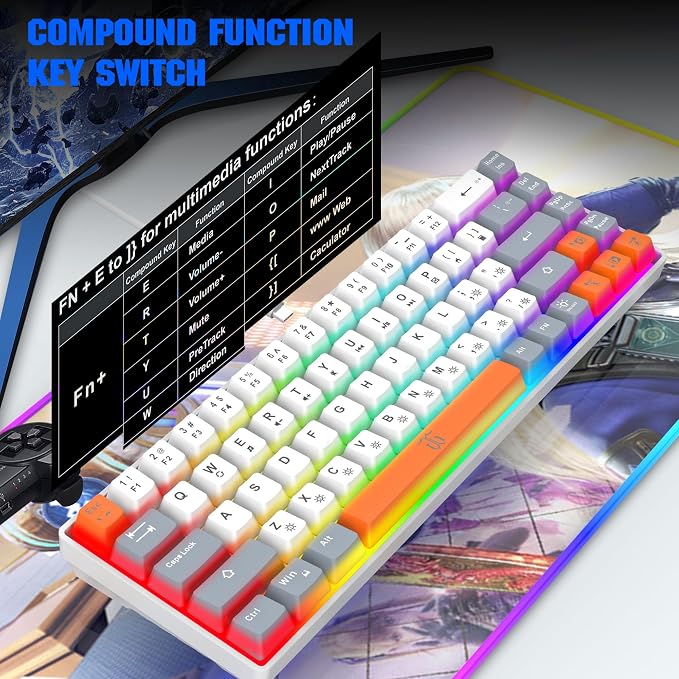 Snpurdiri 60% Percent Gaming Keyboard (68 Keys, White-Grey-Orange) | Ergonomic Compact RGB Backlit Small Gaming Keyboard for Windows, PC, Laptop - Image 8