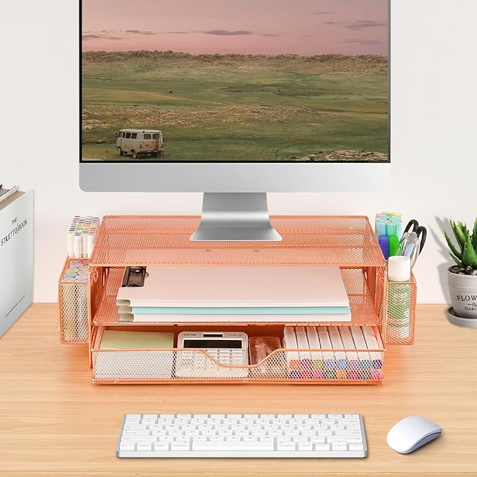 AUPSEN Computer Monitor Stands Riser，2-Tier Desk Organizers and Accessories, Office Desk Accessories Organizer with Drawers and 2 Pen Holder for Office Supplies (Rose Gold) - Image 6