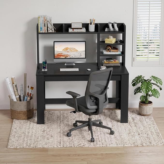 WINAZ 43" Black Gaming Desk with Hutch and Built-in Power Outlet | Modern Computer Desk with 3-Tier Storage Shelves and Hutch, Space-Saving Writing Table for Home Office - Image 4