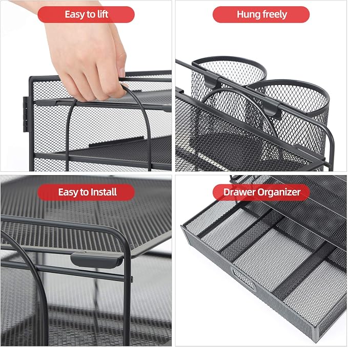 Marbrasse Desk Organizer, 4-Tier Paper File Letter Tray, Black | Sturdy Paper Tray, File Holder, Built-in Drawer, 2 Pen Slots, fits Letters/Files, for School Home Office Supplies - Image 3