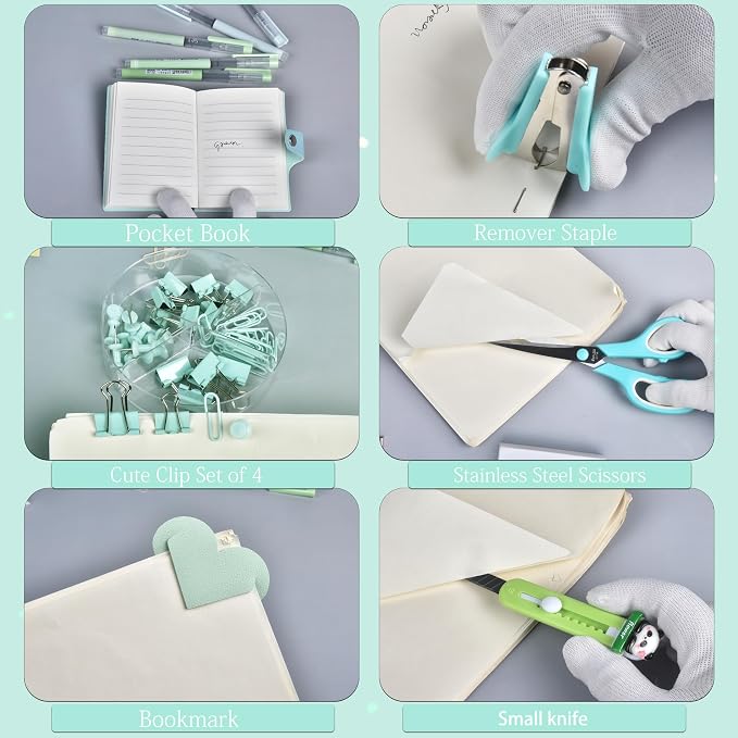 Green and Blue Desk Accessories, 26Pcs Office Supplies and Desk Organizers, with Tape Dispenser, Stapler, Staple Remover, Ect, Gift Box Packaging - Image 4