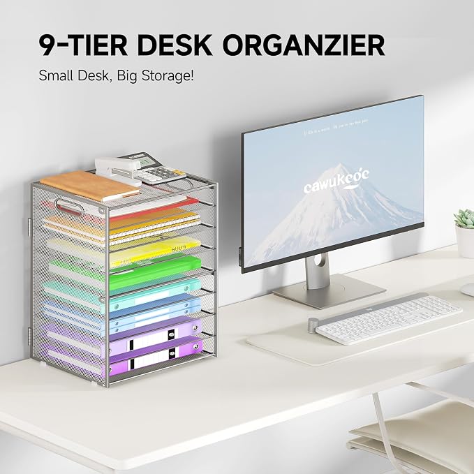 Cawukege 9 Tier Paper Organizer with Handle, Large Capacity Desk Organizer Mesh File Folder Letter Paper Tray Desktop Document Sorter for Classroom, School, and Office Accessories Organization- Silver - Image 2