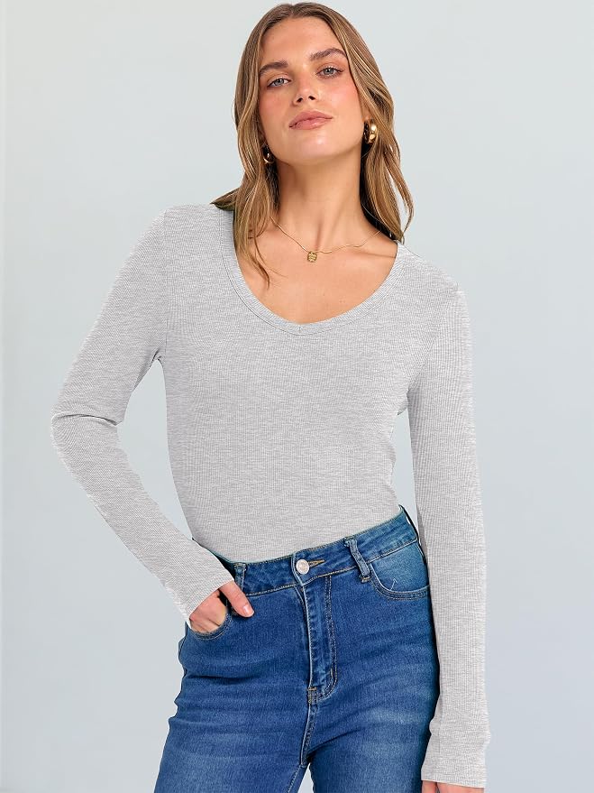 ANRABESS Long Sleeve V Neck Shirts for Women | Soft Comfy Ribbed Knit Fitted Tshirts, Casual Going Out Tops, 2026 Trendy Basic, Fall Winter Underscrub Layering Clothes - Image 2