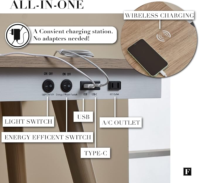 FENLO Future 39" Mid Century Desk for Home Office, Office Table with USB Charging Station, Mid Century Modern Desk with Wireless Charging, USB, and USB-C Ports - Image 4