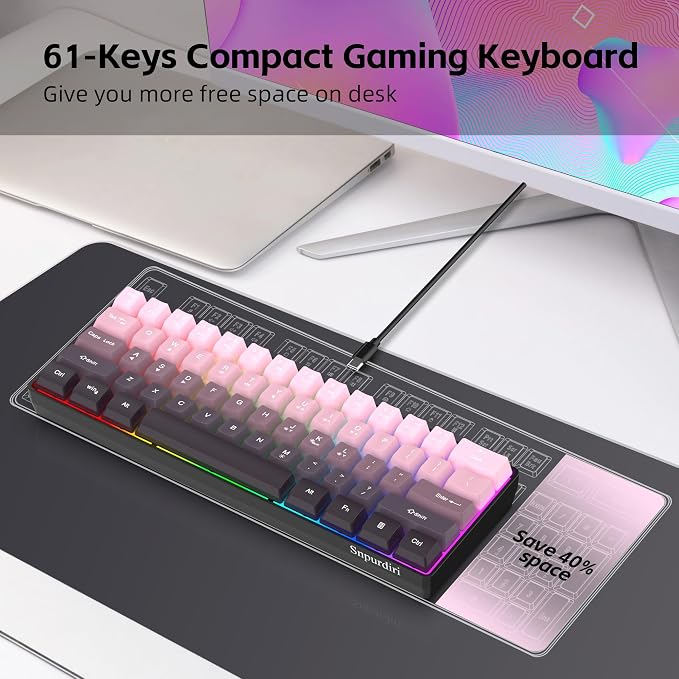 Snpurdiri 60% Wired Gaming Keyboard, Pink-Black | 61 Keys, RGB Backlit Ultra-Compact Small Gaming Keyboard for PC/Mac Gamer, Typist, Travel, Easy to Carry on Business Trip - Image 4