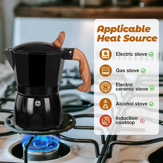 3 Cup Aluminum Moka Pot Classic Stovetop Espresso Coffee Maker 150ml 5oz Coffeemaker Percolator Mocha Pot Greca Coffee Maker Cafe Makers for Italian and Cuban Café Brewing Black - Image 4