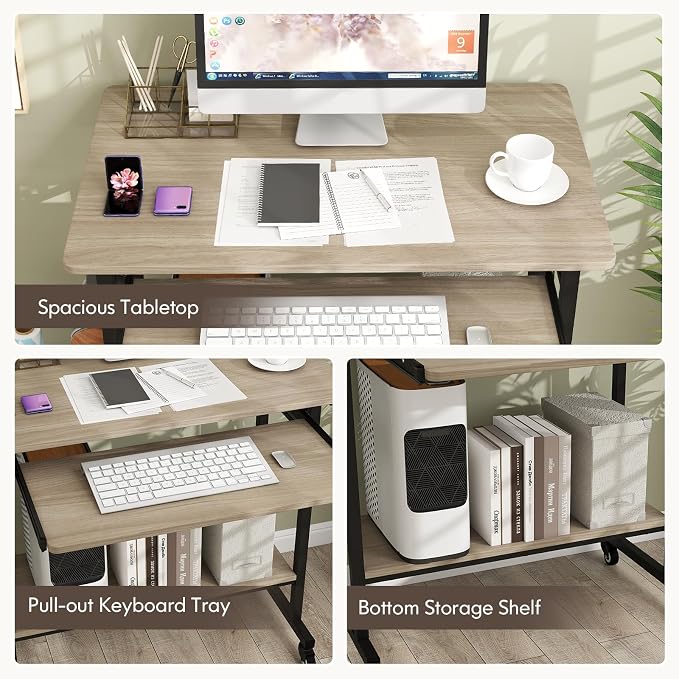 Tangkula Rolling Computer Desk Cart with Keyboard Tray, Mobile Portable Laptop PC Desk with CPU Stand & 3 Hooks for Sofa & Bed, Compact Small Desk on Wheels for Small Spaces (Grey) - Image 6