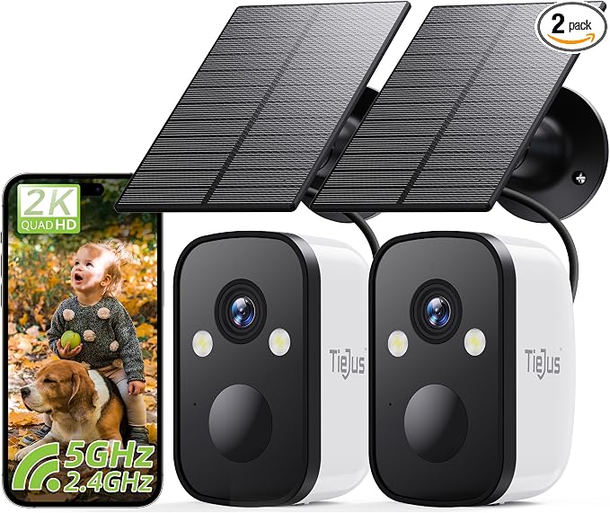 2-Pack 2K 5G Solar Security Cameras Wireless Outdoor for Home | 2-Pack Home Security Camera, 100% Wire-Free Installation, 2-Way Real-Time Talk, Instant App Notifications, All-Weather Usages by Tiejus