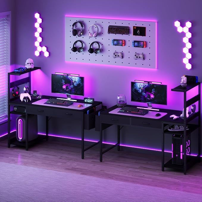 40 Inch Small Gaming Desk with Drawers & Led Lights & Storage Bag, Black | Reversible Storage Shelf, Power Outlets, Wood Grain Gaming Table, Compact Computer Desk for Small Space, Bedroom, Home Office - Image 9