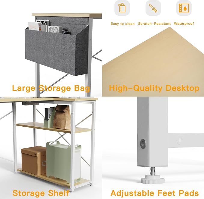 TIQLAB L-Shaped Computer Desk with Power Outlets - Reversible Shelves, 47 Inch Gaming & Study Desk in Beige - Image 5