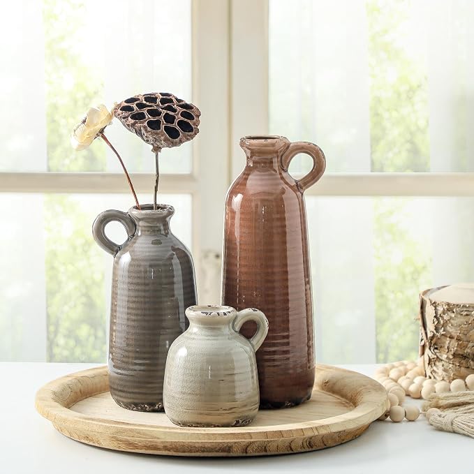Ceramic Vases Set of 3, Neutral Rustic Farmhouse Vase with Handle, Decorative Flower Vases Home Decor Modern Boho Pampass Vase for Table Mantel Entryway Shelf Living Room Kitchen Bathroom - Brown - Image 5