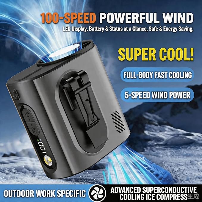 2026 AI Wearable Waist/Neck Hanging Fan,with Ice Cooler & Flashlight,10000mAh Rechargeable Clip On Belt Cooling Fan, 100-Speed 16000RPM Personal Body Fan,25H Work Time for Outdoor, Jobsite,Camping - Image 4