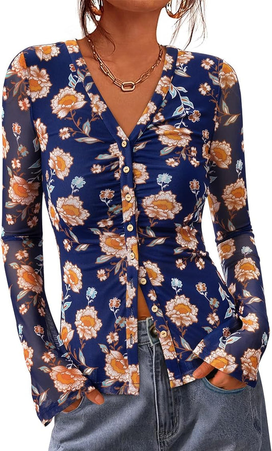 BTFBM Button Down Shirts for Women 2026 Fall Boho Tops V Neck Long Sleeve Blouses Ruched Mesh Fitted Fashion Clothing by BTFBM