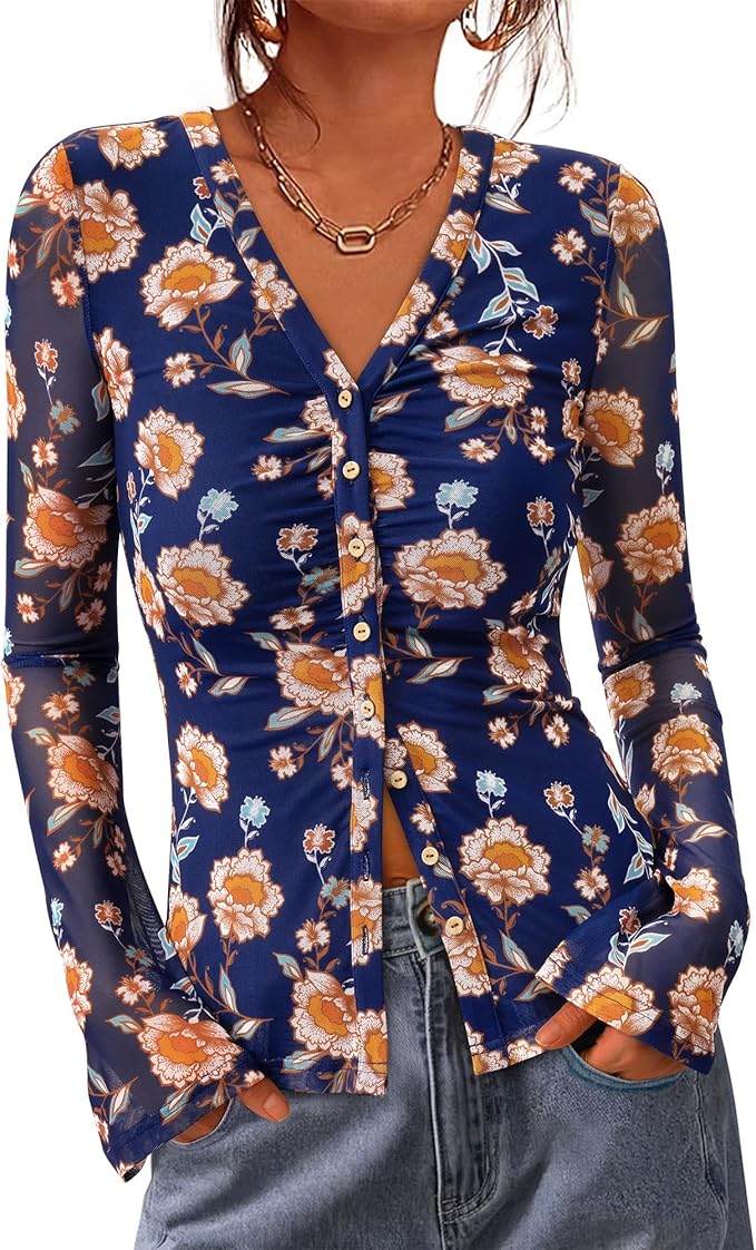 BTFBM Button Down Shirts for Women 2026 Fall Boho Tops V Neck Long Sleeve Blouses Ruched Mesh Fitted Fashion Clothing by BTFBM
