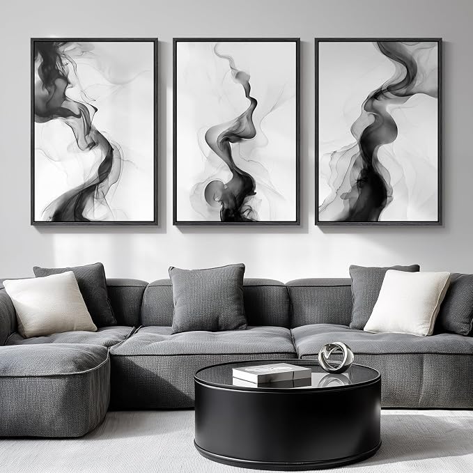 Large Framed Black and White Abstract Wall Art for Living Room, Set of 3 Modern Canvas Prints Paintings Artwork for Walls -Minimalist Pictures for Hallway, Bedroom, Office Wall Decor 24x36 In by Cuspin