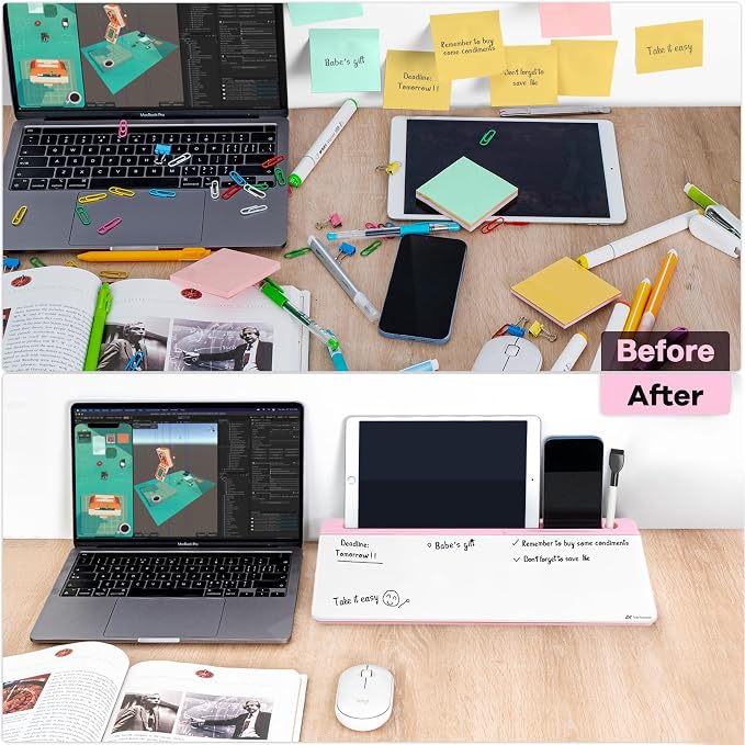 Varhomax Glass Desk Whiteboard with Storage, Desktop Organizer to-do List Memo Notepad Dry Erase White Board for Home Office and School Supplies (Pink) - Image 3