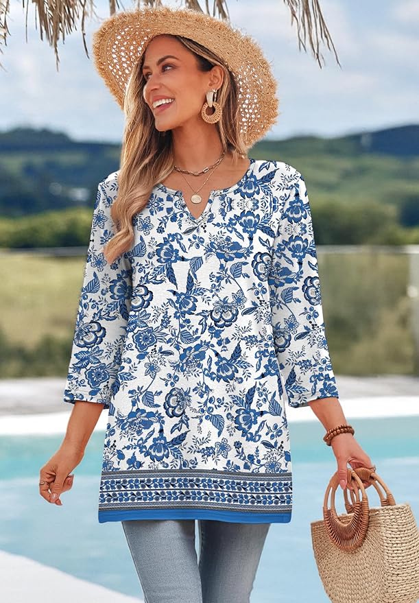 OFEEFAN Summer Boho Tops For Women 3/4 Length Sleeve Womens Tops Vacation Outfits - Image 3
