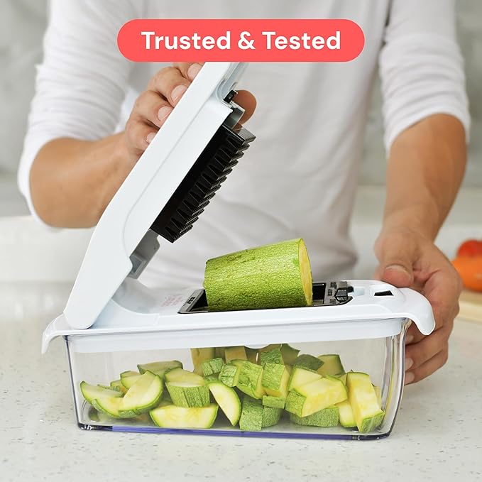 Fullstar Pro Original Vegetable Chopper & Mandoline Slicer Kitchen Gadget | 6 in 1 Veggie Slicer, Onion & Fruit Cutter with Sharp Stainless Steel Blades & Container, All-in-One Meal Prep Tool (White) - Image 8