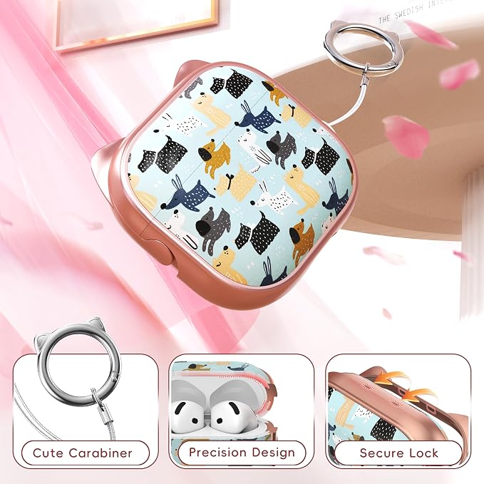 for AirPods 4 Case with Cleaning Kit, Cute Cat Ear Print Design & Cute Buckle, Inverted Phone Holder Design, Top Safe Lock Buckle Design, for Girls AirPods 4 case 2024, Rose Gold Animal - Image 5
