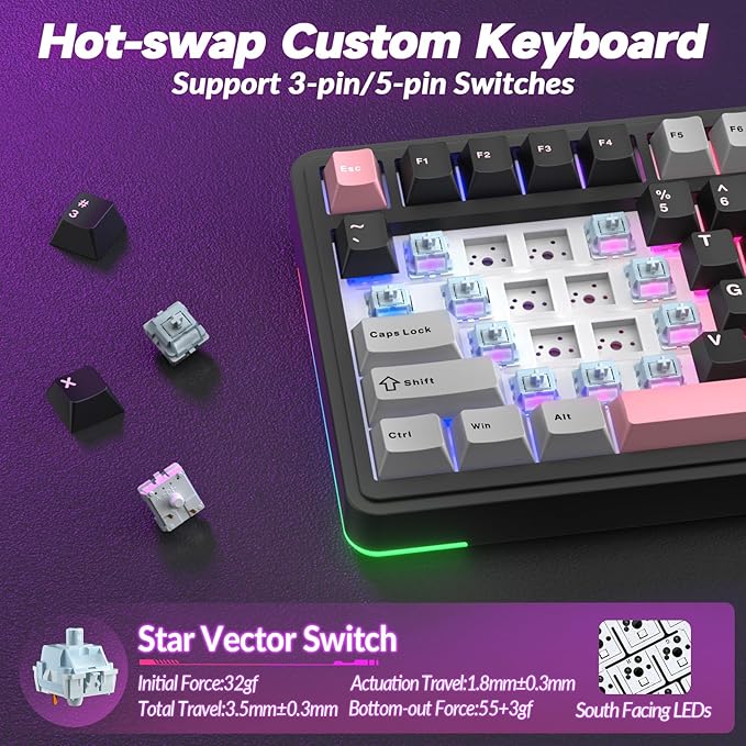 AULA S75 PRO Wireless Mechanical Keyboard with Screen&Knob, 75% Hot Swappable Gaming Keyboard with Pre-lubed Switches, RGB Backlit, PBT Keycaps Creamy Sounding Pc Gaming Keyboards - Image 6