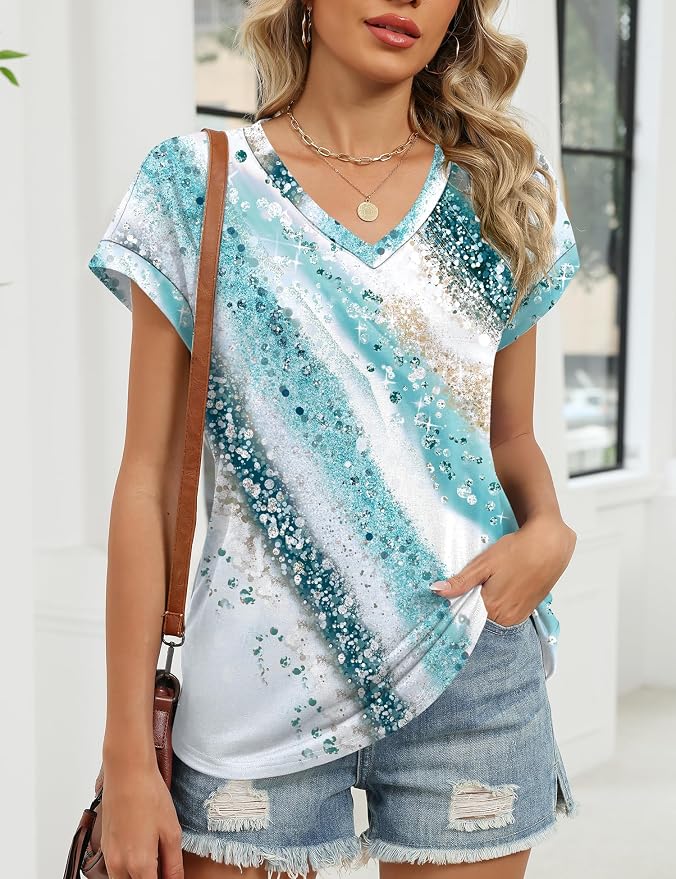 Rapbin Womens Summer Tops Women Blouses Dressy Casual V Neck T Shirts Short Sleeve Spring Tops for Women - Image 5