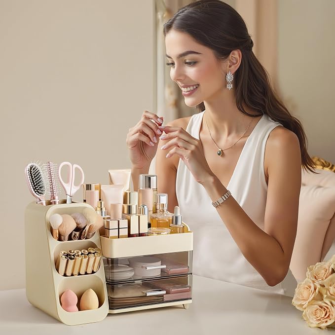 HBlife Makeup Organizer with Brush Holder for Vanity, Large Plastic Bathroom Countertop Organizer Skin Care Storage, Easy to Store Lipsticks, Nail Polishes, Perfumes, Eyeshadow Palettes, Beige - Image 7