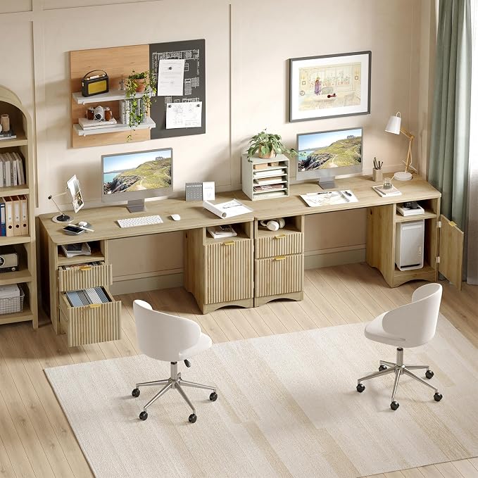 Bestier 59 inch Computer Desk with 2 Drawers, Office Desk with Storage File Cabinet and 2 Open Storage Shelves, Modern Fluted Executive Desk for Home Office Bedroom, Natural Oak - Image 6