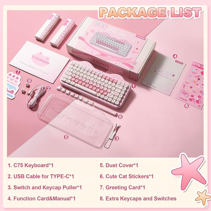 YUNZII C75 Cute 75% Wireless Mechanical Keyboard (Pink, Candy Switch) | Creamy Cake Keyboard, BT5.0/2.4G/USB-C, Hot-Swap, NKRO, PBT MOA Keycaps,5500mAh RGB Gasket Mount for Mac/Win/Gaming/Office - Image 8