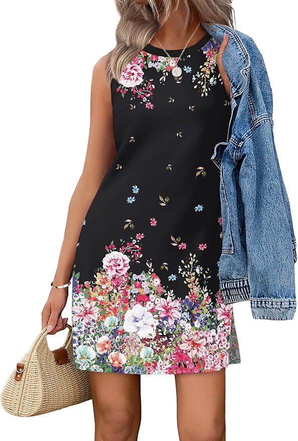 WIHOLL Casual Dresses for Women Crewneck Sleeveless Tank Dress Summer Spring Boho Vacation Clothes by WIHOLL
