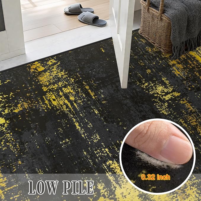 10x14 Area Rug Living Room Rug: Washable Modern Abstract Soft Thin Rug Indoor Floor No Slip Carpet for Bedroom Dining Room Farmhouse Nursery Home Office - Dark Black Gold - Image 7