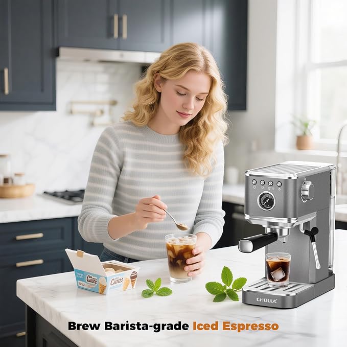 CHULUX Elite Espresso Coffee Machine with Steam Wand for Cappuccino, Gray | Hot and Iced Espresso, 1350W Fast Heating System, Visible Pressure Gauge, PID Temperature Control, Pre-Infusion Technology - Image 6