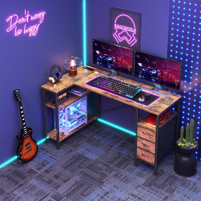 DUMOS L Shaped Desk with Drawers, Gaming Desk, 55 Inch | Power Outlet, Study Table, Adjustable Shelves, Home Office, Corner Computer Workstation, Bedroom, Brown - Image 2