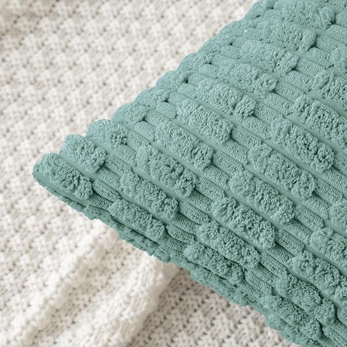 MIULEE Pack of 2 Corduroy Decorative Throw Pillow Covers 20x20 Inch Soft Boho Striped Pillow Covers Modern Farmhouse Home Decor for Summer Sofa Living Room Couch Bed Teal Green - Image 2