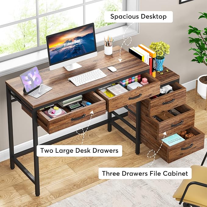 Tribesigns Computer Desk with 5 Drawers, Reversible Home Office Desks | Small Desk with Drawer Cabinet Printer Stand, PC Desk with Storage, Rustic Study Writing Table Workstation for Small Spaces - Image 6