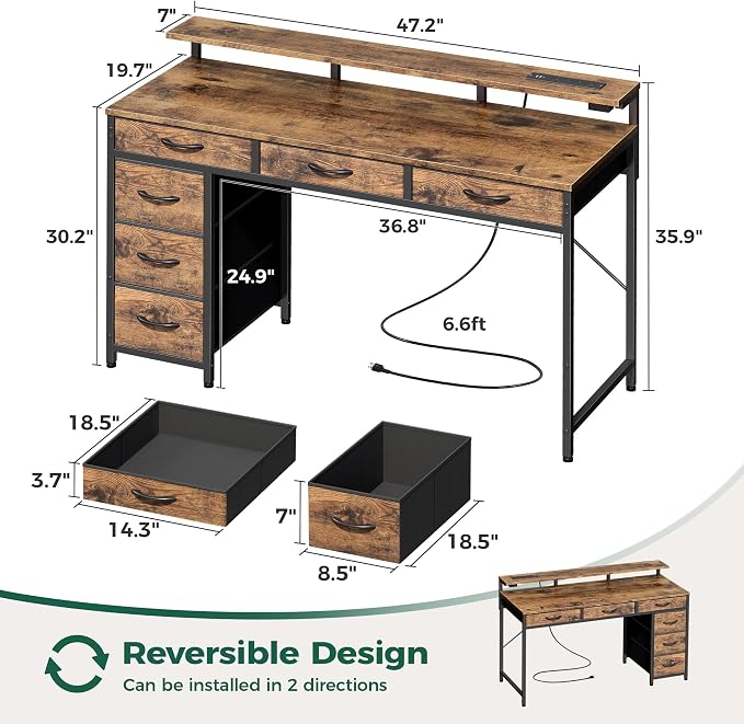 Huuger Gaming Desk with 6 Drawers, Computer Desk with LED Lights Power Outlets and Type-C, 47 Inch Office Desk with Storage, Monitor Stand, Writing Work Desk for Home Office, Rustic Brown - Image 3